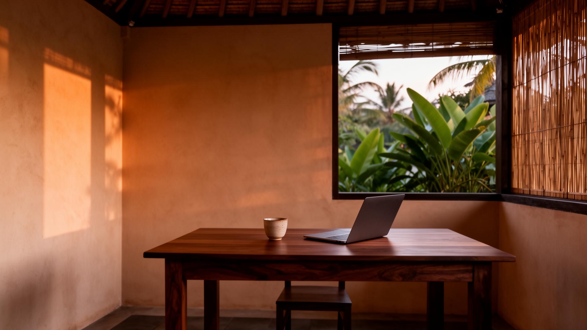 LIBA studio in Bali, soft morning light, considered workspace