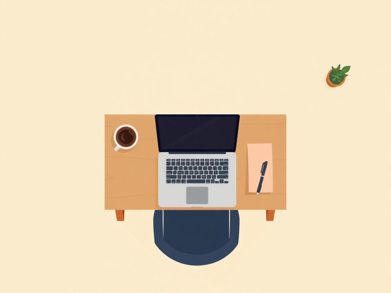 Flat illustration — a calm desk with a laptop and ledger